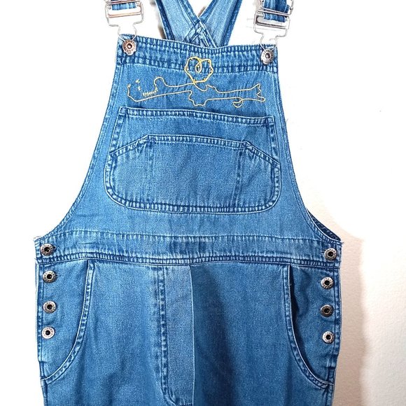 Agapo Embroidered Denim Overalls Small Metal Buttons Capri Pockets Distressed - Picture 1 of 12